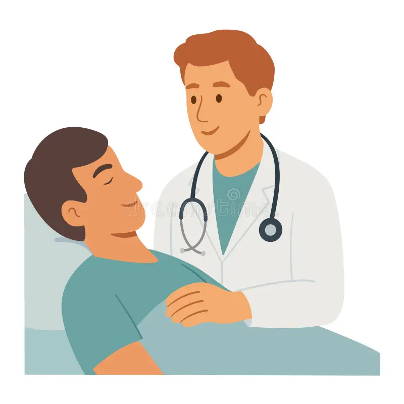 flat style vector illustration showing doctor standing next to patient lying hospital bed scene represents medical care 393498976